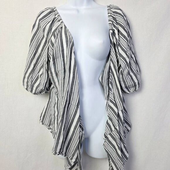Old Navy Black White Striped Puff Sleeve Wrap Top Women’s L - Picture 2 of 7